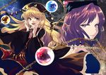  blonde_hair chain chinese_clothes earth_(ornament) hand_on_own_cheek hat hecatia_lapislazuli junko_(touhou) katayama_kei long_hair moon_(ornament) multiple_girls open_mouth red_eyes red_hair smile touhou wide_sleeves 