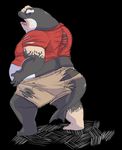  anthro barefoot black_background captainjusticevirtsuoso cetacean clothing hand_on_head hand_on_stomach hi_res male mammal manly marine mature_male morbidly_obese open_mouth overweight overweight_male pants pose rear_view shirt simple_background teeth tongue transformation whale white_eyes 