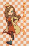  ;) blush_stickers brown_hair character_name checkered checkered_background dress green_eyes hairband hat katrielle_layton layton's_mystery_journey leggings long_hair mini_hat mini_top_hat nishizawa_ichiya one_eye_closed professor_layton smile solo top_hat twitter_username 