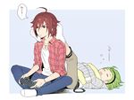  2boys ahoge amagase_touma blue_background brown_hair feet_up green_eyes green_hair hairband hood hoodie idolmaster idolmaster_side-m indian_style lying male_focus mitarai_shouta multiple_boys on_back pillow playing_games playstation_controller red_eyes simple_background sitting sleeping socks sweatdrop 