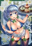 :d adapted_costume apron bad_id bad_pixiv_id bare_shoulders black_legwear blue_bra blue_eyes blue_panties blush bow bowtie bra braid breasts cleavage commentary_request contrapposto cowboy_shot cupcake detached_collar food fork frilled_bra frilled_shirt_collar frills garter_straps green_bow green_neckwear hair_ornament holding holding_fork holding_tray izayoi_sakuya large_breasts looking_at_viewer maid maid_headdress medium_breasts navel open_mouth panties side-tie_panties silver_hair smile solo standing thighhighs touhou tray twin_braids uemura_shun underwear waist_apron white_hair wide_hips wrist_cuffs 