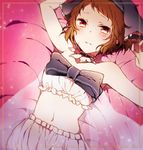  arm_up black_bow blush bow brown_hair detached_collar from_above hat hyouka ibara_mayaka kiri_(lwp01_lav) lying madoromi_no_yakusoku midriff navel on_back parted_lips red_eyes short_hair solo sparkle 