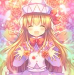  ^_^ ^o^ blonde_hair blush bow bowtie bug butterfly closed_eyes daisy facing_viewer fairy_wings floral_background flower hat hat_bow insect lily_white long_hair open_hands open_mouth pjrmhm_coa rose smile solo sparkle touhou upper_body very_long_hair wings 