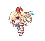  :d alternate_costume bikini blonde_hair blush bow chibi eyebrows eyebrows_visible_through_hair flandre_scarlet flower full_body hair_between_eyes hair_flower hair_ornament innertube looking_at_viewer no_hat no_headwear open_mouth outstretched_arm red_eyes short_hair side-tie_bikini side_ponytail simple_background smile solo standing standing_on_one_leg swimsuit touhou white_background wings yada_(xxxadaman) 