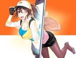  ;d adjusting_clothes adjusting_hat arm_support backpack bag bangs baseball_cap black_gloves black_hair black_skirt blue_eyes blush breasts brown_eyes brown_hair brown_legwear cellphone choker cleavage commentary_request cropped_jacket denson female_protagonist_(pokemon_go) fingerless_gloves from_side gloves grey_footwear hair_between_eyes hat high_heels highres jacket large_breasts leaning_forward long_hair looking_at_viewer one_eye_closed open_mouth pantyhose partially_unzipped pencil_skirt phone pokemon pokemon_go ponytail shoes shoulder_bag simple_background skirt smartphone smile solo strapless through_screen transforming_clothes tubetop two-tone_background 