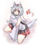  animal_ears bare_shoulders black_skirt detached_sleeves full_body hat inubashiri_momiji miniskirt ototobe pom_pom_(clothes) red_eyes shirt short_hair skirt solo spread_legs squatting tail tokin_hat touhou white_hair white_shirt wolf_ears wolf_tail 