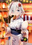  blue_eyes breasts candy_apple corn cotton_candy eyes_visible_through_hair flower food food_in_mouth fox_mask gochou_(atemonai_heya) hair_flower hair_ornament hair_over_one_eye hairclip hamakaze_(kantai_collection) ikayaki japanese_clothes kantai_collection kimono lantern large_breasts looking_at_viewer mask mouth_hold obi paper_lantern sash short_hair silver_hair solo squid summer_festival water_balloon water_yoyo 
