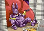  anthro balls barefoot champa dragon_ball eating erection feline food grin humanoid_penis looking_at_viewer male mammal moobs navel nipples nude overweight partially_retracted_foreskin penis pizza reclining sharp_teeth solo spread_legs spreading teeth thedirtyshark uncut 