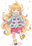  ahoge amaama_to_inazuma blonde_hair boots closed_eyes curly_hair dated duzie_e full_body highres inuzuka_tsumugi long_hair petals smile solo very_long_hair walking 