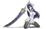  arms_up black_hair blue_hair boots breasts covered_nipples eyepatch flower full_body green_eyes hair_flower hair_ornament highres holding huge_weapon kneeling large_breasts long_hair long_sleeves nagisa_(psp2i) nakabayashi_reimei open_mouth panties phantasy_star phantasy_star_portable_2_infinity simple_background solo sword thigh_boots thighhighs underwear uniform weapon white_background 