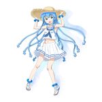  bad_id bad_pixiv_id bare_shoulders blue_eyes full_body hand_on_headwear hat highres ikamusume long_hair looking_at_viewer midriff navel open_mouth pleated_skirt sailor_collar sandals shinryaku!_ikamusume skirt smile solo souji_kurokawa straw_hat very_long_hair 