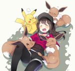  &gt;_&lt; :d ^_^ ^o^ artist_name baseball_cap belt black_hair black_hat black_legwear black_shorts blush breasts brown_eyes choker closed_eyes collarbone commentary_request covered_navel eevee female_protagonist_(pokemon_go) gen_1_pokemon hat heart hug jealous kanro_ame_(ameko) leggings long_hair long_sleeves lying medium_breasts motion_blur on_back open_mouth petting pikachu pokemon pokemon_(creature) pokemon_go ponytail pout red_shirt shirt shorts smile 