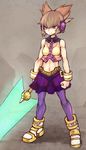  bare_shoulders brown_hair crop_top dra energy_sword full_body headphones midriff miniskirt navel parody purple_eyes rockman rockman_zero see-through skirt sleeveless solo sword thighhighs touhou toyosatomimi_no_miko weapon zero_(rockman) 