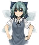  blue_eyes blue_hair cirno hands_on_hips looking_at_viewer netamaru short_hair sketch smile solo touhou upper_body white_background 