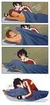  2boys bed black_hair blanket brown_hair comic damare dark_skin dark_skinned_male jacket keith_(voltron) lance_(voltron) multiple_boys pillow simple_background voltron:_legendary_defender yaoi 