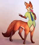  2016 animal_genitalia anthro canine cat-named-fish clothing digital_media_(artwork) disney fox fully_sheathed fur green_eyes looking_at_viewer male mammal nick_wilde open_mouth sheath simple_background smile solo taur tongue zootopia 