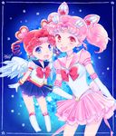  2girls :d bad_id bad_pixiv_id bishoujo_senshi_sailor_moon blue_background blue_eyes blue_sailor_collar blue_skirt boots bow brooch chibi_chibi chibi_usa choker dated double_bun drill_hair earrings elbow_gloves gloves heart heart_choker heart_earrings jewelry knee_boots looking_at_viewer magical_girl multiple_girls open_mouth pink_choker pink_hair pink_sailor_collar pink_skirt pleated_skirt puffy_sleeves red_bow red_eyes red_hair sailor_chibi_chibi sailor_chibi_moon sailor_collar sailor_senshi sailor_senshi_uniform saki_(hxaxcxk) short_hair signature skirt smile star star_earrings super_sailor_chibi_moon_(stars) tiara twin_drills twintails white_footwear white_gloves 