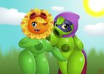  big_breasts breasts duo eyewear female female/female fingering flora_fauna flower freckles goggles green_shadow_(plants_vs_zombies) hood huge_breasts mask nipples one_eye_closed open_mouth plant plants_vs_zombies pussy pussy_juice screwroot shiny smile solar_flare_(plants_vs_zombies) sun sunflower wink 