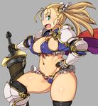 armor bikini_armor black_legwear blonde_hair breasts covered_nipples eyebrows fang fat_folds gloves green_eyes grey_background hand_on_hip kawacchi_hirohiro large_breasts long_hair navel open_mouth original plump profile sheath sheathed simple_background solo sword thick_eyebrows thick_thighs thighhighs thighs weapon 