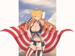  absurdres american_flag american_flag_legwear arm_behind_back armpits bad_id bad_pixiv_id bare_shoulders blonde_hair blue_eyes breasts cleavage cloud cloudy_sky collarbone elbow_gloves english fingerless_gloves flag_print front-tie_top garter_straps gloves groin hair_between_eyes hand_on_hip headgear highres iowa_(kantai_collection) kanntsukirin kantai_collection large_breasts light_smile long_hair looking_at_viewer miniskirt mismatched_legwear navel navel_cutout one_eye_closed skirt sky solo star star-shaped_pupils striped striped_legwear symbol-shaped_pupils thighhighs thighs vertical-striped_legwear vertical_stripes zettai_ryouiki 