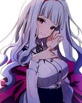  breasts hands_on_own_chest idolmaster idolmaster_(classic) long_hair long_sleeves looking_at_viewer oro_(sumakaita) purple_eyes shijou_takane shirt silver_hair smile solo taut_clothes taut_shirt 