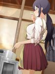  amaama_to_inazuma apron black_hair blue_eyes cooking dutch_angle from_side highres iida_kotori long_hair looking_at_viewer looking_back low_ponytail oshiza pleated_skirt ponytail pot school_uniform sidelocks skirt sleeves_rolled_up solo steam tasting 