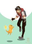  backpack bag bent_over black_gloves black_hair charmander fingerless_gloves fire gen_1_pokemon gloves hood hoodie male_protagonist_(pokemon_go) pokemon pokemon_(creature) pokemon_go shiroton_(kazamineko) shoes signature simple_background smile sneakers twitter_username visor_cap 