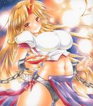  artist_name ass_visible_through_thighs blonde_hair breasts cameltoe chain covered_nipples crop_top cuffs cup gym_shirt gym_uniform horn hoshiguma_yuugi impossible_clothes impossible_shirt large_breasts long_hair looking_at_viewer marker_(medium) midriff navel oni red_eyes sakazuki sample shackles shirt short_sleeves smile solo takadono318 touhou traditional_media watermark 