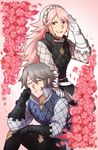  1girl closed_eyes craneace earrings father_and_daughter fire_emblem fire_emblem_if flower gloves grey_hair hairband jewelry lazward_(fire_emblem_if) long_hair open_mouth pink_hair purple_eyes rose sitting soleil_(fire_emblem_if) teeth 
