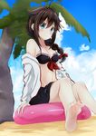  absurdres adapted_costume beach bikini black_hair blue_eyes blue_sky braid cloud coconut_tree day hair_flaps hair_ornament hair_over_shoulder highres innertube jacket kantai_collection outdoors palm_tree remodel_(kantai_collection) sand shigure_(kantai_collection) shun_(syun_y1117) single_braid skirt sky solo swimsuit track_jacket tree 