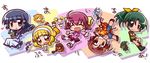  aoki_reika chibi hairband hino_akane_(smile_precure!) hoshizora_miyuki ikkyuu kise_yayoi midorikawa_nao multiple_girls orange_(color) orange_shirt orange_skirt pink_eyes pink_hair pink_skirt pink_vest precure shirt skirt smile_precure! vest white_hairband yellow_eyes 