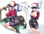  1girl akira_(natsumemo) ass baseball_cap breasts cleavage female_protagonist_(pokemon_go)_(cosplay) gloves hat kneeling large_breasts long_hair natsume_(pokemon) pokemon pokemon_go ponytail skin_tight translation_request 