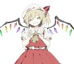  ascot blonde_hair blush_stickers closed_eyes double_v flandre_scarlet hasebe_yuusaku hat hat_ribbon mob_cap ribbon short_sleeves side_ponytail simple_background skirt skirt_set smile solo touhou v white_background 