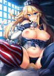  1girl admiral_(kantai_collection) american_flag american_flag_legwear areolae bare_shoulders belly black_panties blonde_hair blue_eyes breasts breasts_outside clothes_down colored_eyelashes cunnilingus cunnilingus_through_clothes elbow_gloves fingerless_gloves flag_print front-tie_top garter_straps gloves hair_between_eyes hetero highres indoors iowa_(kantai_collection) kantai_collection large_breasts looking_at_viewer military military_uniform miniskirt mismatched_legwear navel navel_cutout nipples oral panties puffy_nipples raiou shiny shiny_skin sitting sitting_on_face sitting_on_person skirt squatting star star-shaped_pupils striped striped_legwear symbol-shaped_pupils thighhighs thighs tongue tongue_out underwear uniform vertical-striped_legwear vertical_stripes 