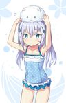  angora_rabbit animal animal_on_head armpits arms_up blue_eyes blue_hair bunny bunny_on_head casual_one-piece_swimsuit gochuumon_wa_usagi_desu_ka? hair_ornament kafuu_chino long_hair on_head one-piece_swimsuit saiste standing swimsuit tippy_(gochiusa) twintails x_hair_ornament 