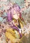  blue_eyes blurry cherry_blossoms crossed_arms depth_of_field gold_armor guan_tang_baozi hachisuka_kotetsu highres japanese_clothes long_hair male_focus petals ponytail purple_hair signature solo touken_ranbu upper_body 