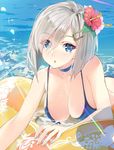  :o bare_arms bare_shoulders bikini blue_bikini blue_eyes blush breasts choker cleavage collarbone day eyebrows eyebrows_visible_through_hair flower hair_flower hair_ornament hair_over_one_eye hairclip hamakaze_(kantai_collection) hanging_breasts head_tilt hibiscus innertube kantai_collection large_breasts light_rays ocean parted_lips short_hair silver_hair solo swimsuit water yahako 