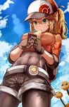  abs absurdres backpack bag baseball_cap belt black_legwear blonde_hair cellphone cloud cowboy_shot cropped_jacket day doduo eating female_protagonist_(pokemon_go) fingerless_gloves food fruit gen_1_pokemon gloves green_eyes hair_between_eyes hat highres holding holding_phone leggings legwear_under_shorts navel okitsugu phone poke_ball_print pokemon pokemon_(creature) pokemon_go ponytail popsicle shorts sidelocks sky smartphone sweatdrop watermelon watermelon_bar 