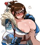  1girl areolae assisted_exposure belt belt_pouch black-framed_eyewear blue_gloves blush breasts brown_eyes brown_hair coat eyebrows fur-lined_jacket fur_coat glasses gloves hair_bun hair_ornament hair_stick huge_breasts large_breasts lightsource mei_(overwatch) nipple_slip nipples overwatch parted_lips plump short_hair sidelocks snowflake_hair_ornament solo upper_body utility_belt winter_clothes winter_coat 