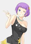  blue_eyes breasts carina_(one_piece) cleavage earrings grey_background hair_bun jack-barro jewelry large_breasts necklace one_eye_closed one_piece one_piece_film_gold purple_hair simple_background solo star teeth 