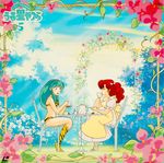  80s animal_print arch boots chair cover cup dress floral_arch flower green_hair holding long_hair lum multiple_girls official_art oldschool open_mouth outdoors puffy_sleeves ran_(urusei_yatsura) red_hair sitting table tea tea_party teacup teapot tiger_print urusei_yatsura 