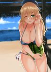  ;o alternate_costume atago_(kantai_collection) bare_arms bare_shoulders beach beret bikini blonde_hair blue_bikini blue_hat blurry blush breasts cleavage cloud collarbone covered_nipples cowboy_shot day depth_of_field food fruit green_eyes hand_in_hair hat highres holding holding_food holding_fruit horizon kantai_collection kayumidome large_breasts leaning_forward long_hair ocean one_eye_closed open_mouth outdoors sand shore side-tie_bikini silhouette solo standing swimsuit water water_drop watermelon wet wet_hair 
