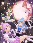  amazons_quartet bishoujo_senshi_sailor_moon black_hair blue_hair blue_sailor_collar boots braid brown_hair cerecere_(sailor_moon) circlet crescent crescent_earrings earrings elbow_gloves esuya full_moon gloves green_hair grin hair_bun hair_ribbon hair_rings high_heel_boots high_heels indian_style jewelry junjun_(sailor_moon) knee_boots miniskirt moon multicolored_hair multiple_girls one_eye_closed open_hands open_mouth pallapalla_(sailor_moon) pink_hair pink_sailor_collar pleated_skirt ribbon rose_earrings sailor_ceres sailor_collar sailor_juno sailor_pallas sailor_senshi sailor_senshi_uniform sailor_vesta sitting skirt sky smile star star_(sky) starry_sky two-tone_hair vesves_(sailor_moon) white_footwear white_gloves 