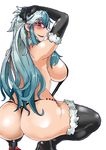  alternate_costume ass black_footwear black_gloves black_legwear blue_hair blush breasts elbow_gloves eyebrows eyebrows_visible_through_hair from_behind fur_trim gloves hand_on_own_head heiseikorotaisei high_heels kamishirasawa_keine large_breasts long_hair looking_at_viewer looking_back multicolored_hair open_mouth shiny shiny_clothes shiny_hair shiny_skin shoes sidelocks simple_background smile solo squatting thick_eyebrows thick_thighs thighhighs thighs thong touhou two-tone_hair very_long_hair white_background 