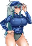  alternate_costume alternate_hairstyle bangs black_swimsuit blue_hair breasts cowboy_shot hair_between_eyes hand_on_headwear hand_on_hip heiseikorotaisei hips jacket kamishirasawa_keine large_breasts long_ponytail looking_at_viewer multicolored_hair no_pants red_eyes shiny shiny_clothes sidelocks simple_background smile solo swimsuit thick_thighs thighs touhou track_jacket two-tone_hair visor_cap white_background 