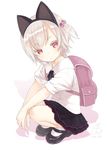  1girl 2016 animal_ears backpack bag black_skirt blush capriccio cat_ears cat_tail dated hair_bobbles hair_ornament kaburi_chiko looking_at_viewer mary_janes open_mouth original red_eyes school_uniform shirt shoes short_hair side_ponytail silver_hair simple_background skirt solo squatting symbol-shaped_pupils tail white_background white_shirt 
