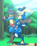  anal anal_penetration animal_genitalia animal_penis balls canine_penis duo greninja kivwolf knot lucario male male/male nintendo outside penetration penis pok&eacute;mon video_games 