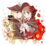  ascot blonde_hair bloodborne blue_eyes covered_mouth flower gem hair_flower hair_ornament hair_ribbon hat highres lady_maria_of_the_astral_clocktower long_hair looking_at_viewer maou_skun multiple_girls petals plain_doll ponytail ribbon rose rose_petals sunflower the_old_hunters white_hair 