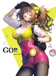  backpack bag baseball_cap black_legwear blue_eyes blush breasts brown_hair choker cleavage copyright_name covered_navel female_protagonist_(pokemon_go) fingerless_gloves gloves hat hat_tip large_breasts leggings long_hair open_mouth poke_ball pokemon pokemon_go ponytail senchat solo twitter_username 