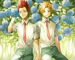  blonde_hair boku_no_hero_academia cowboy_shot dns_yuma flower highres hydrangea kaminari_denki kirishima_eijirou looking_to_the_side male_focus multiple_boys necktie red_eyes red_hair red_neckwear school_uniform smile spiked_hair u.a._school_uniform yellow_eyes 